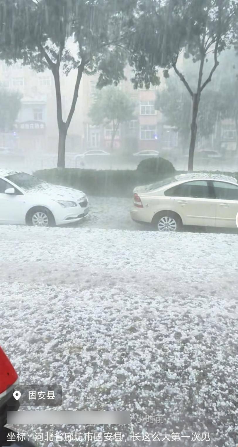 河北固安突降冰雹近半小时，街面似被冰雪覆盖，当地居民：活了四十年头一次见